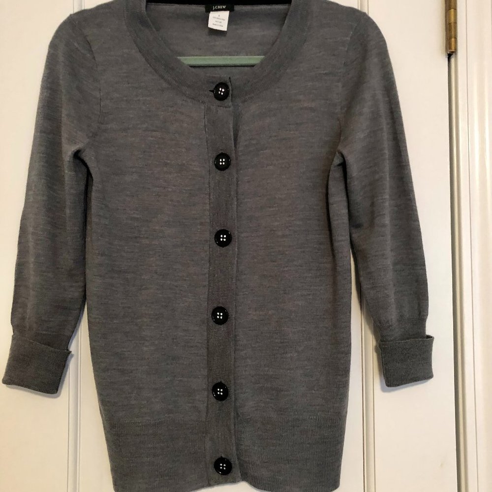 J. Crew gray wool cardigan with rhinestone buttons.  Size S